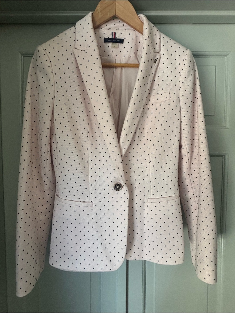 Tommy Hilfiger Light Pink Polka Dot Blazer Navy Elbow Patches Sz 6